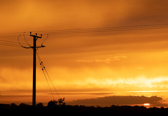 Wooden electricity distribution pole and cables at sunset. UK