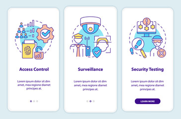 Parts of physical security onboarding mobile app screen. Protection walkthrough 3 steps editable graphic instructions with linear concepts. UI, UX, GUI template. Myriad Pro-Bold, Regular fonts used