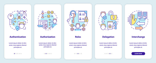 System capabilities onboarding mobile app screen. Authorization walkthrough 5 steps editable graphic instructions with linear concepts. UI, UX, GUI template. Myriad Pro-Bold, Regular fonts used