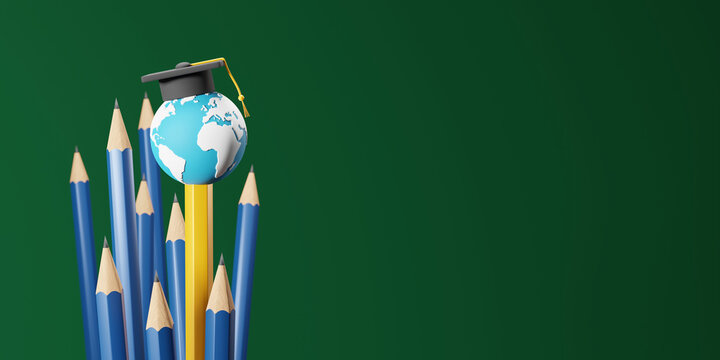 Study abroad and education concept design of yellow pencils with world and graduation cap on green background 3D render