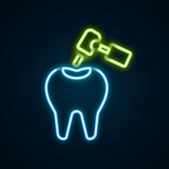Glowing neon line Tooth with caries and tooth drill icon isolated on black background. Tooth decay. Colorful outline concept. Vector