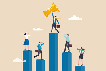 Business competition, performance comparison chart between company profit or employee, winner and loser in contest, achievement concept, business people compete on performance graph with one winner.