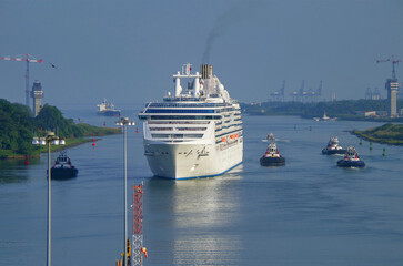 Transit passage through locks of famous Panama Canal on Princess cruiseship cruise ship liner with...