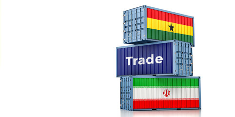 Cargo containers with Iran and Ghana national flags. 3D Rendering