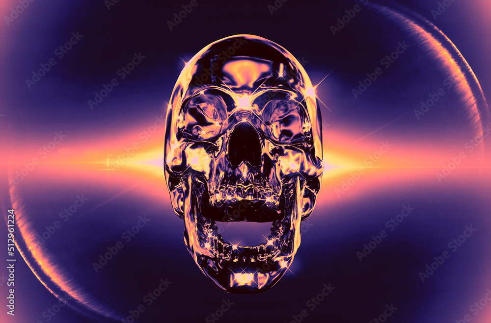 Aufkleber concept 3d rendering illustration of a front view screaming skull made of chrome reflecting metal on