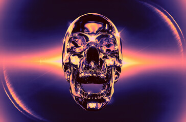 Concept 3D rendering illustration of a front view screaming skull made of chrome reflecting metal on a deep space horizon background with lens flares in colorful vaporwave style palette. - obrazy, fototapety, plakaty