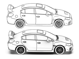 Contour drawing of the car. Coloring page for drawing. Black contour sketch illustrate isolated on white background