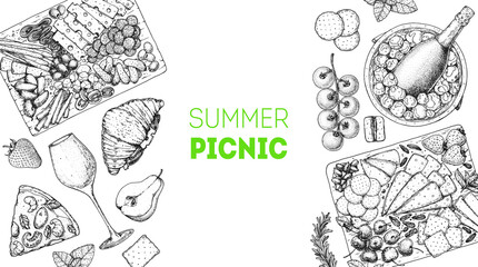 Picnic food top view. Hand drawn vector illustration. Food and drink sketch. Antipasti, pizza, sandwich, wine and snacks for lunch or dinner. Summer food top view.