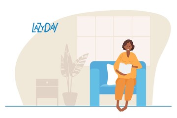Lazy Day. Smiling woman sitting on chair and reading book at home. African-American in comfy sofa in home interior. Leisure activity, repose and relaxation. Flat cartoon vector illustration