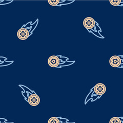 Line Wheel in fire flame icon isolated seamless pattern on blue background. Burning wheel. Vector