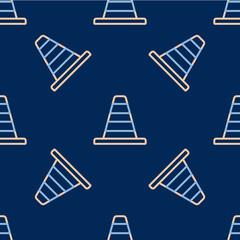 Line Traffic cone icon isolated seamless pattern on blue background. Vector