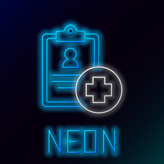 Fototapeta premium Glowing neon line Medical clipboard with clinical record icon isolated on black background. Prescription, medical check marks report. Colorful outline concept. Vector