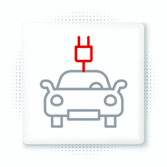 Line Electric car and electrical cable plug charging icon isolated on white background. Renewable eco technologies. Colorful outline concept. Vector