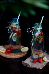 Detox water, infused healthy drinks. Bright summer healthy natural summer cocktails. Refreshing, diet, natural water. Summertime aesthetic
