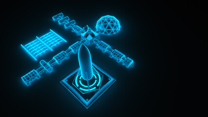 a blue wireframe from a space station (3d rendering)