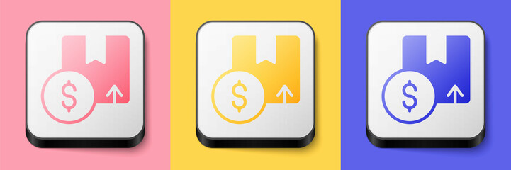 Isometric Carton cardboard box icon isolated on pink, yellow and blue background. Box, package, parcel sign. Delivery and packaging. Square button. Vector