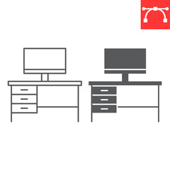 Desk computer line and glyph icon, furniture and interior, workplace vector icon, vector graphics, editable stroke outline sign, eps 10.