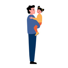 Father carrying his daughter in flat design. Dad child concept vector illustration.