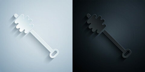 Paper cut Honey dipper stick icon isolated on grey and black background. Honey ladle. Paper art style. Vector
