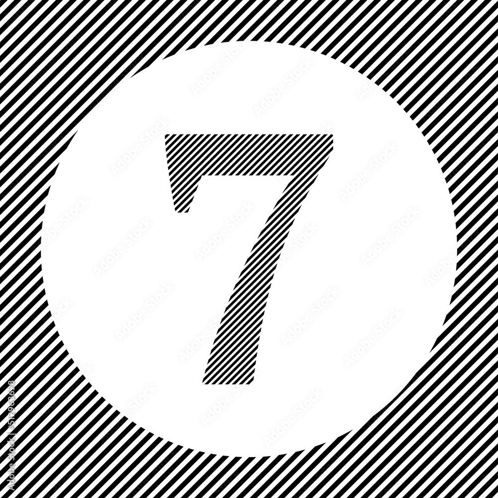 Poster a large number seven symbol in the center as a hatch of black lines on a white circle. interlaced ef