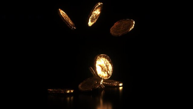 Golden and shiny Ancient Roman Coins falling on black background