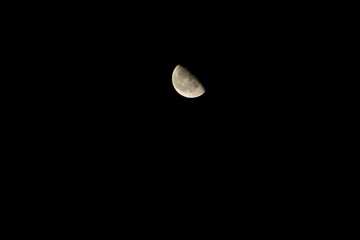 Half-moon high in a black sky.