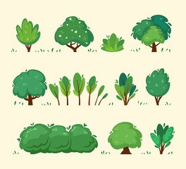 trees and bushes. green natural botanical plants from park outdoor grass from backyard. Vector cartoon templates