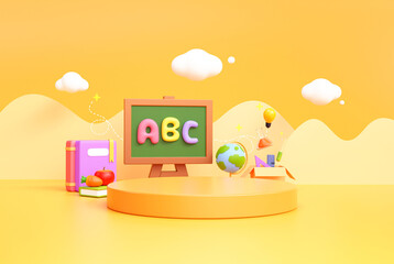 Back to school podium 3d background empty backdrop pedestal product display for stationery product placement