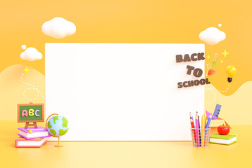 Back to school stationery education element banner cartoon on yellow background 3d illustration