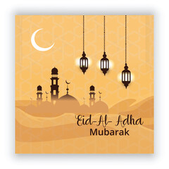 Eid Mubarak design with Mosque, Lantern, Moon beautiful background   Premium Vector 