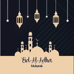 Eid Mubarak design with Mosque, Lantern, Star  Abstract blue background   Premium Vector 