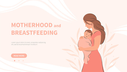 Banner about breastfeeding and motherhood. Woman and baby. Vector illustration.