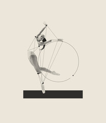 Contemporary art collage with young ballerina dancing, performing isolated over grey background. Circle, geometric figures drawings - obrazy, fototapety, plakaty