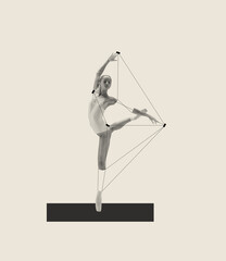 Contemporary art collage with tender young ballerina performing isolated over grey background. Design with geometric figures