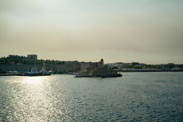 Fototapeta premium Port coast island view Rhodos sunset