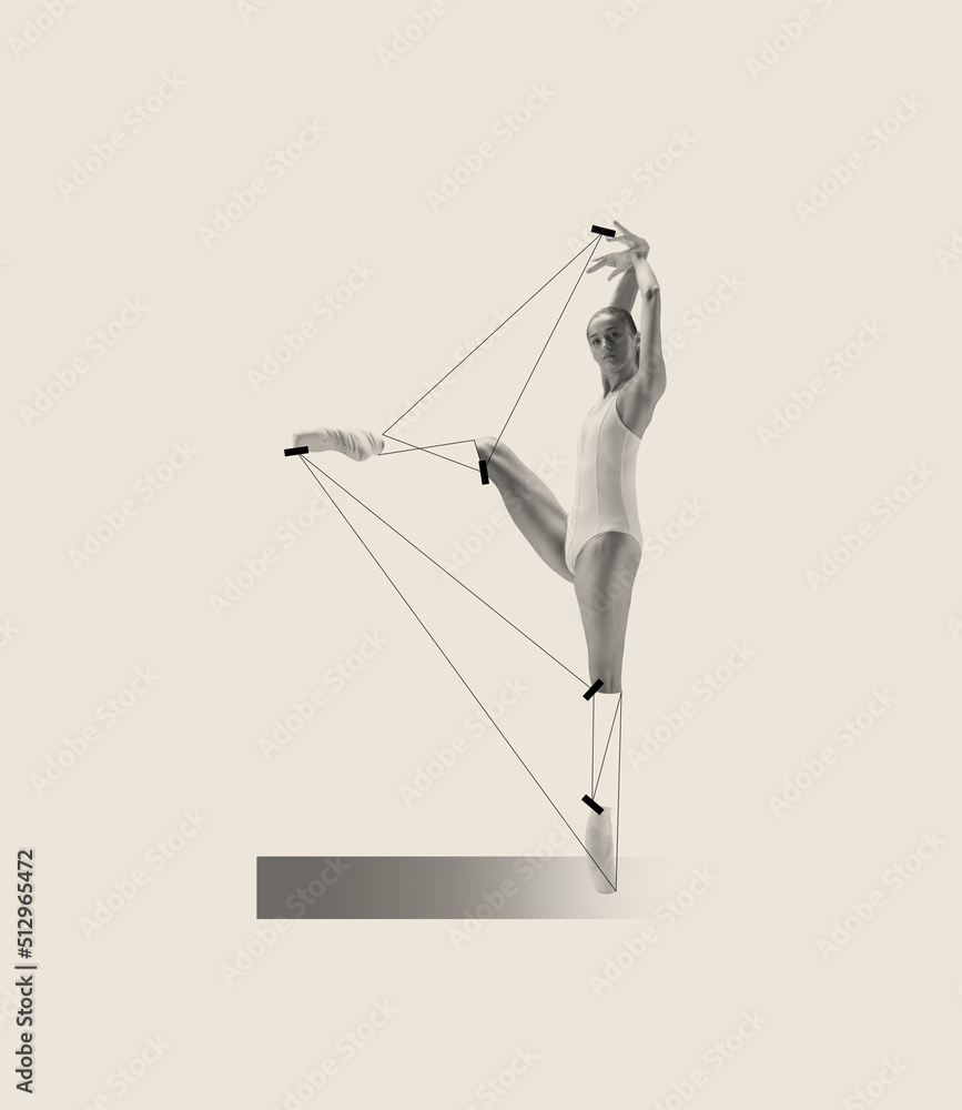 Wall mural contemporary art collage with professional ballerina dancing isolated over grey background. line art