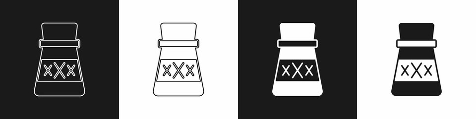 Set Bottle with potion icon isolated on black and white background. Flask with magic potion. Happy Halloween party. Vector