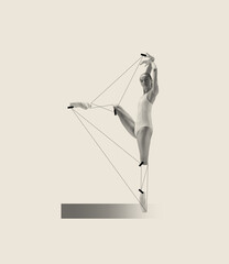 Contemporary art collage with professional ballerina dancing isolated over grey background. Line art design