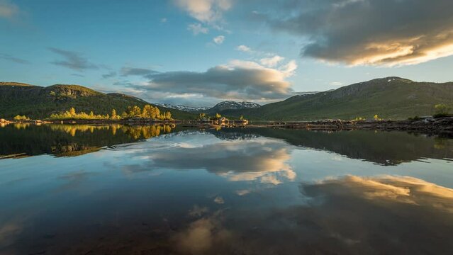 Timelapse over a Lake in Norway, with clouds and Sunset at the End.