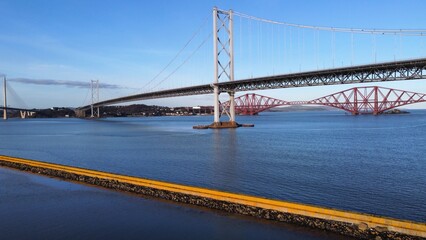 Aerial view of bridges crossing the Firth of Forth in Scotland. 