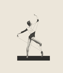 Contemporary art collage with young tender woman, ballerina dancing isolated over grey background. Line art design