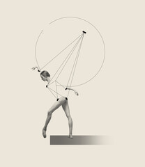 Contemporary art collage with professional ballerina dancing, performing isolated over grey background. Line art and geometric figures design