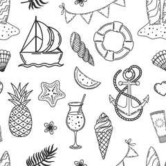 seamless pattern from hand drawn monochrome cute summer elements fruit, drinks, palm leaves, flowers. Endless texture. Vector illustration. Doodle style.