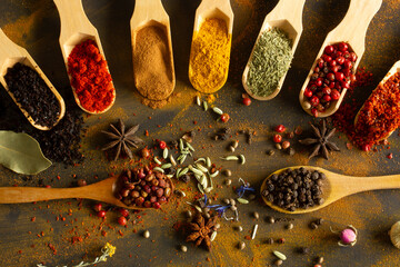 Colorful background from various spices in spoon © Kybele