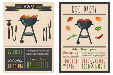 Barbecue party. Set of BBQ invitation in retro style. Summer barbecue picnic. Vintage bbq background with grill, steaks, meat food, vegetables, cutlery, text. Vector cartoon illustration.