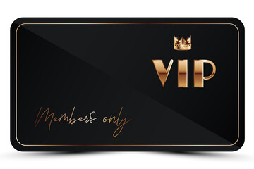 Black elegant vip card template. Modern business card for members only with golden 3d text, crown. Luxury abstract invitation. Vector illustration for loyalty, bonus card, gift certificate