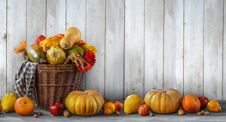 Thanksgiving day background with empty copy space. Pumpkin harvest in wicker basket. Squash, orange vegetable autumn fruit, apples, and nuts on a wooden table. Halloween decoration fall design