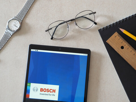 In this photo illustration Bosch (Robert Bosch GmbH) logo seen displayed on a tablet