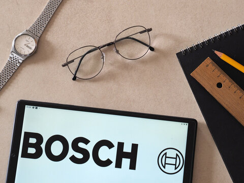 In this photo illustration Bosch (Robert Bosch GmbH) logo seen displayed on a tablet