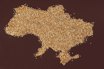 Grain harvest, map of Ukraine. Symbol of export from Ukraine to other countries to avoid the global food crisis